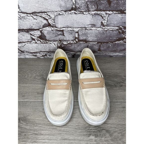 Cole Haan White Canvas Fabric Tan Penny Casual Slip On Shoes Women 6.5M US/37EU - Picture 15 of 16